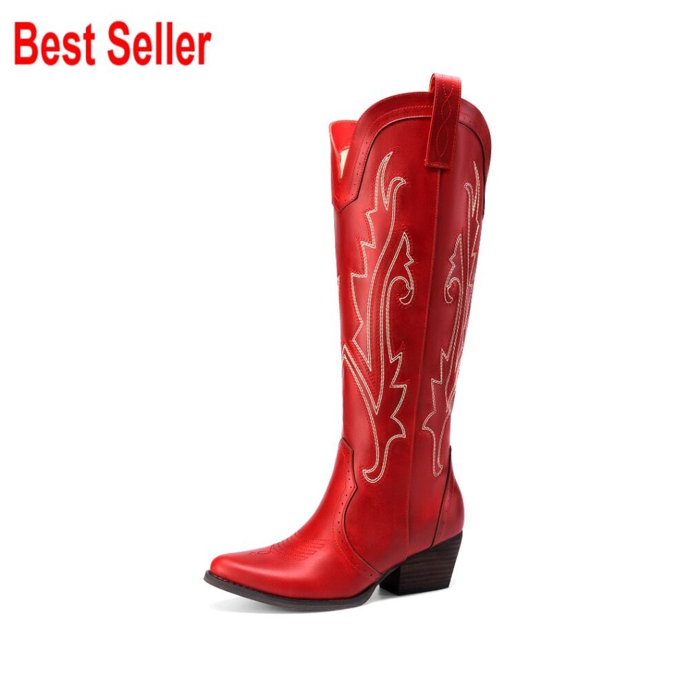 Women's Embroidered Western Pull-On Knee-High Boots with 2-Inch Heel